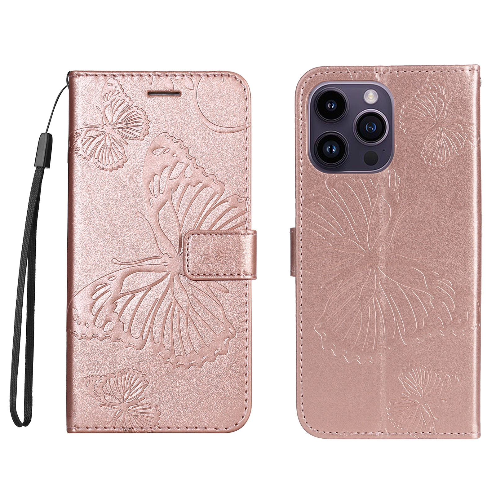 For iPhone 15 Pro Max Wallet Case Floral Butterfly Imprinted Leather Phone Cover Stand - Rose Gold