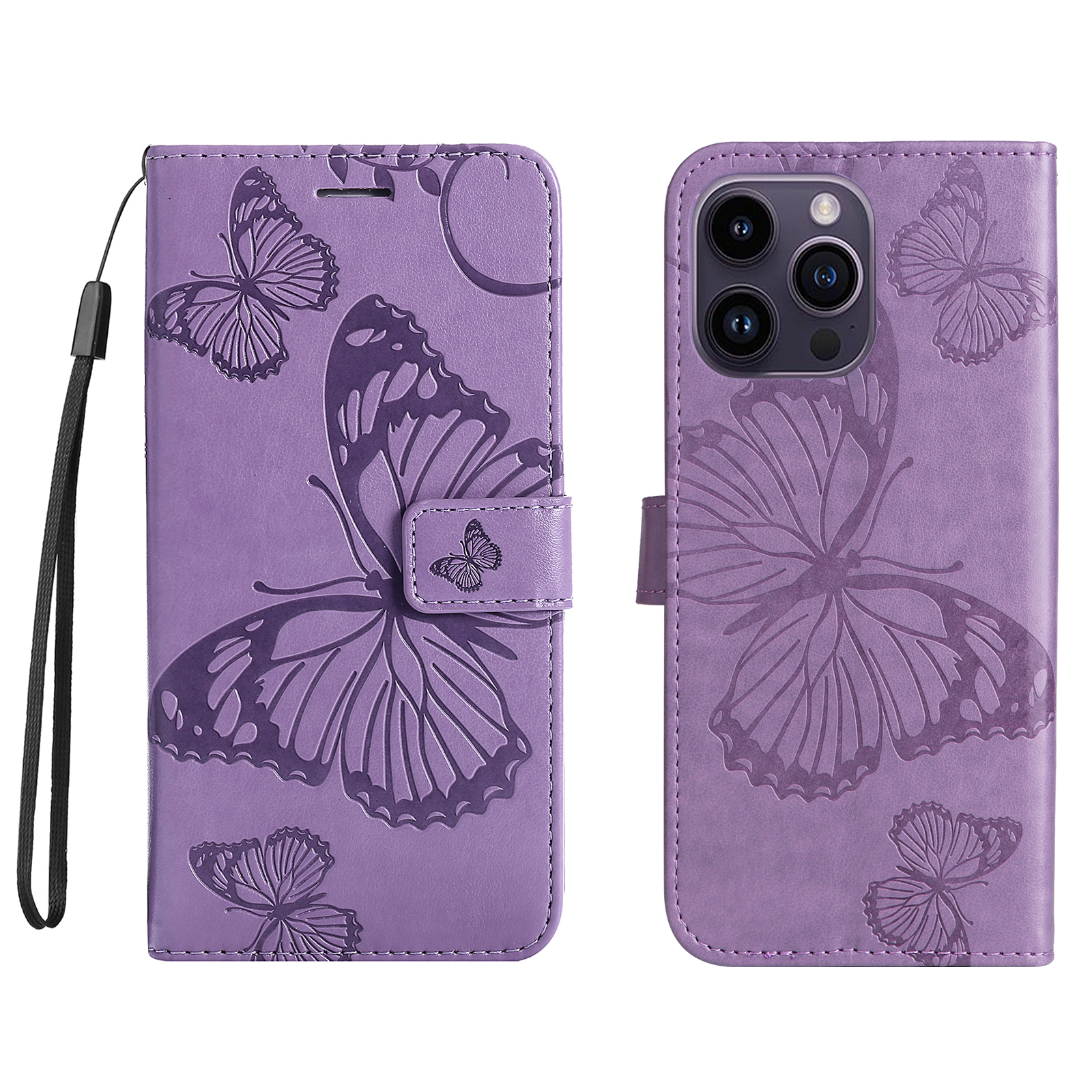 For iPhone 15 Pro Max Wallet Case Floral Butterfly Imprinted Leather Phone Cover Stand - Light Purple