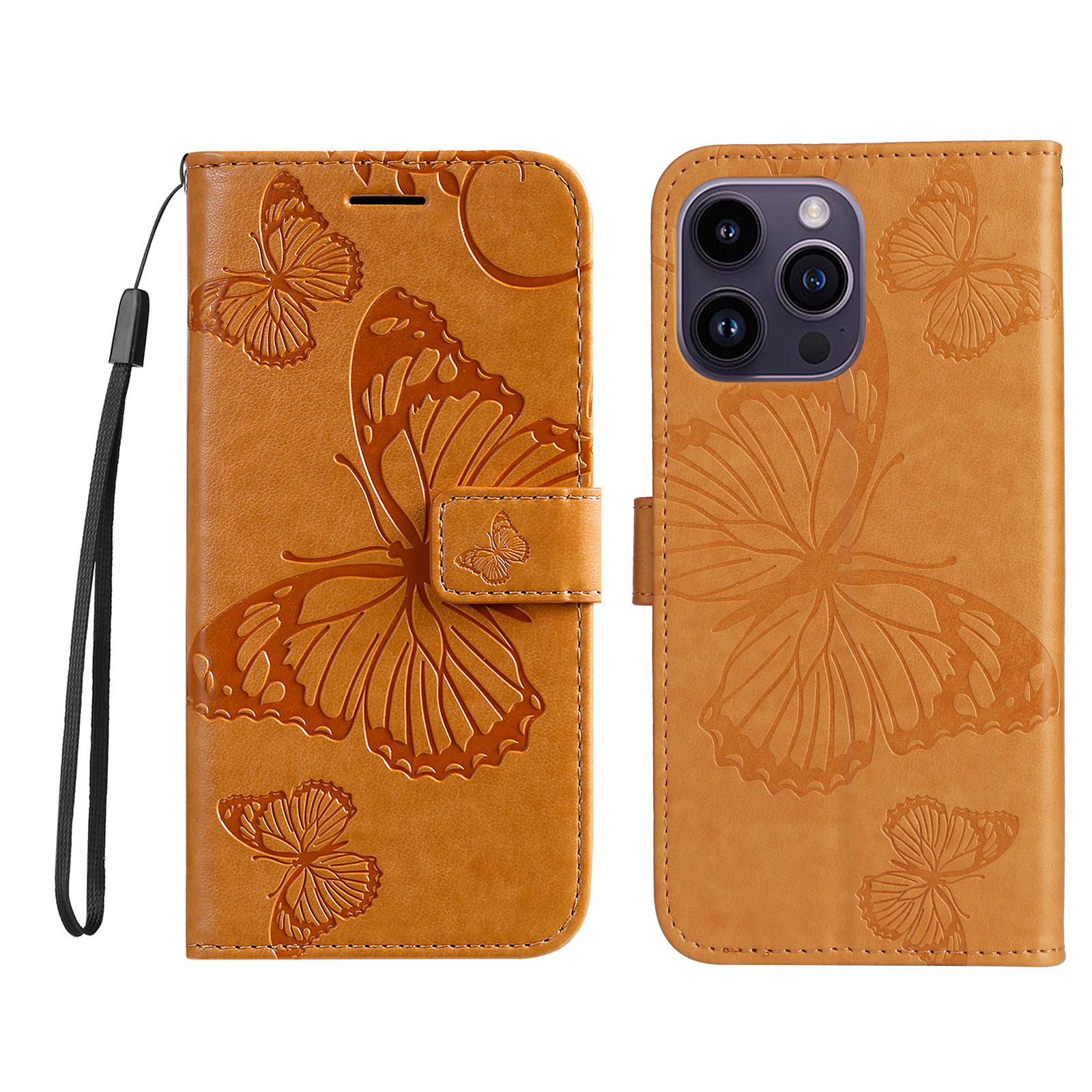 For iPhone 15 Pro Max Wallet Case Floral Butterfly Imprinted Leather Phone Cover Stand - Yellow