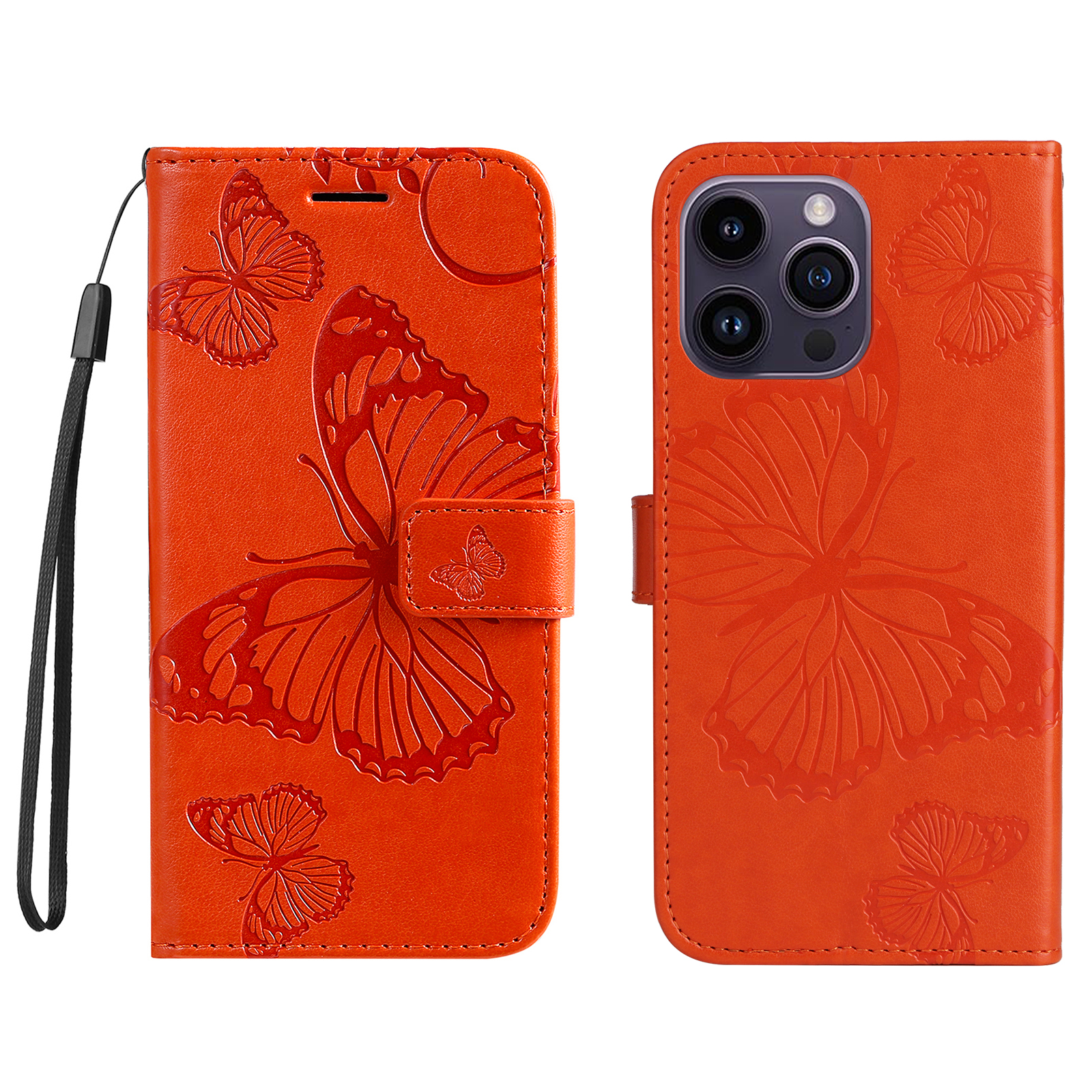 For iPhone 15 Pro Max Wallet Case Floral Butterfly Imprinted Leather Phone Cover Stand - Orange