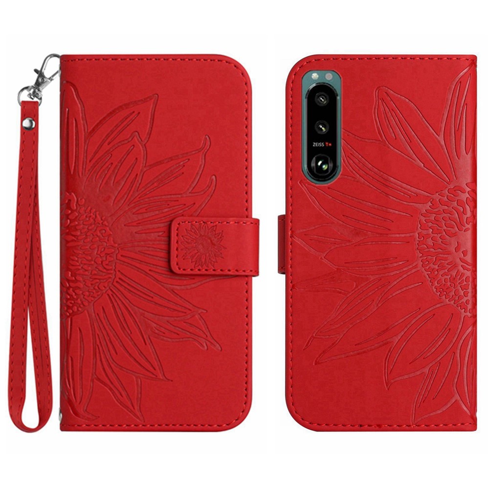 For Sony Xperia 5 IV 5G HT04 Phone Case, Skin-Touch PU Leather Imprinted Sunflower Viewing Stand Wallet Cover with Hand Strap - Red-1