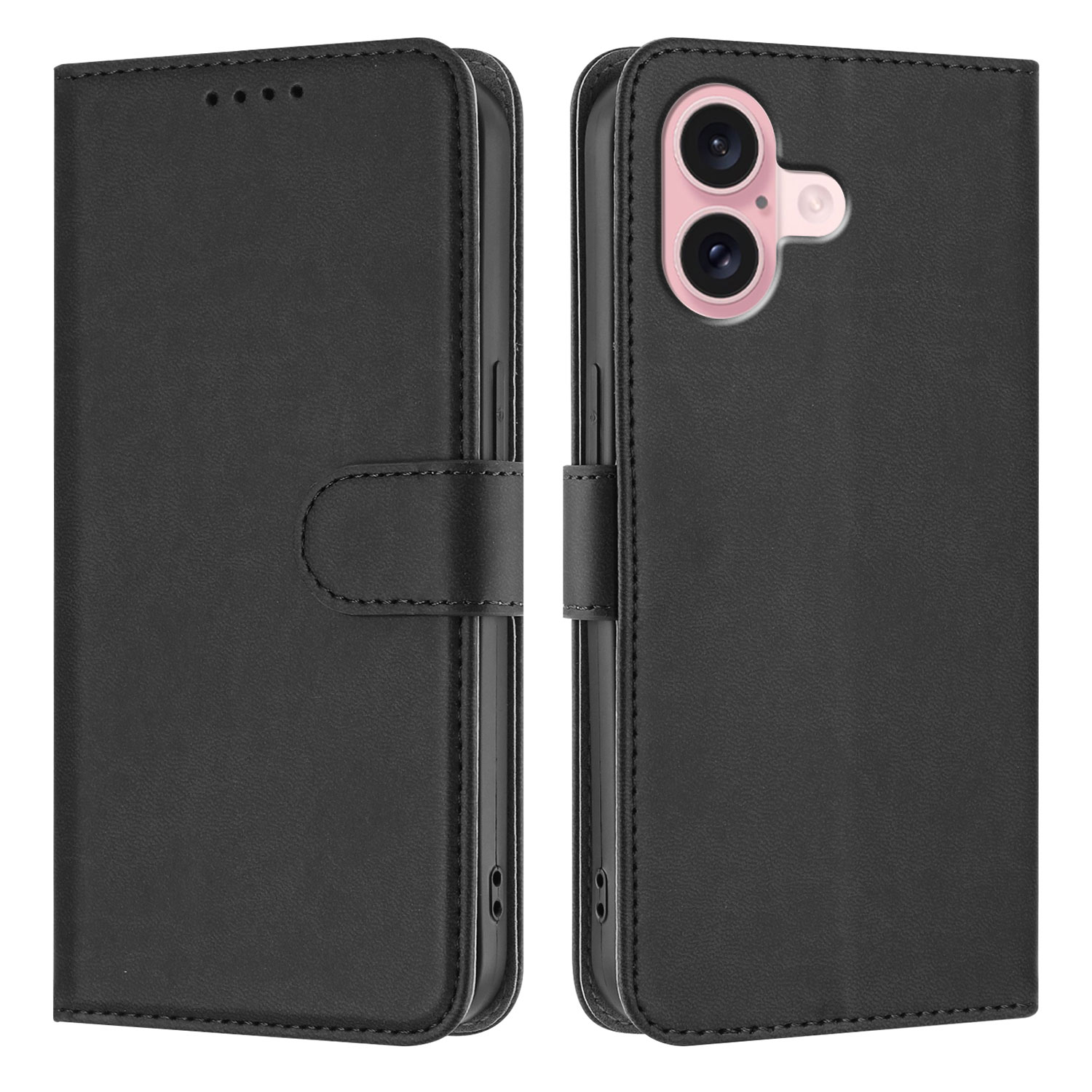For iPhone 16 Leather Case Solid Color Phone Cover with Wallet - Black