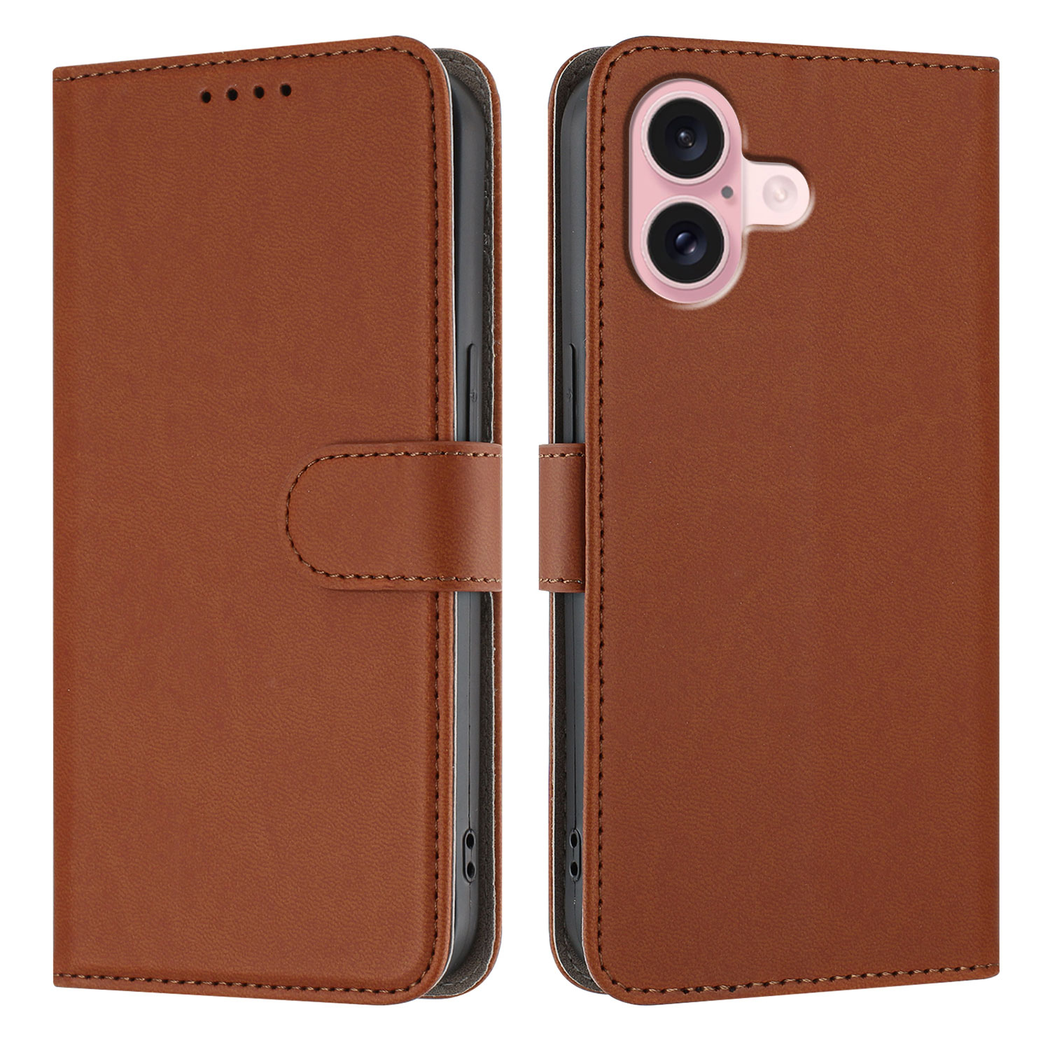For iPhone 16 Leather Case Solid Color Phone Cover with Wallet - Coffee
