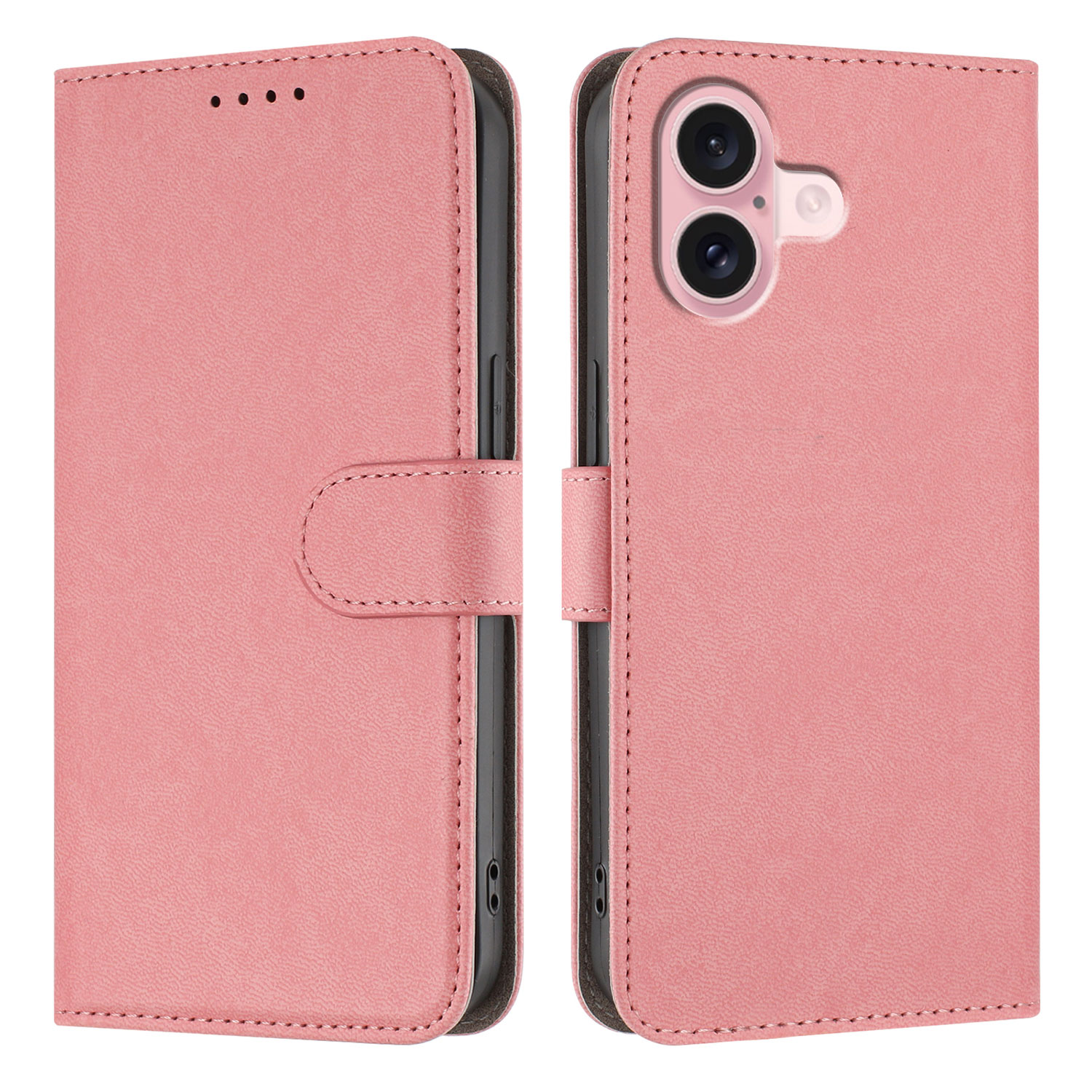 For iPhone 16 Leather Case Solid Color Phone Cover with Wallet - Pink