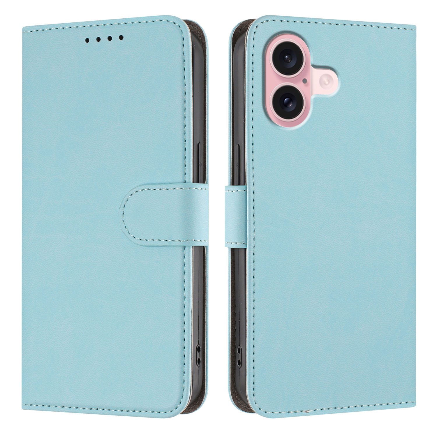 For iPhone 16 Leather Case Solid Color Phone Cover with Wallet - Baby Blue