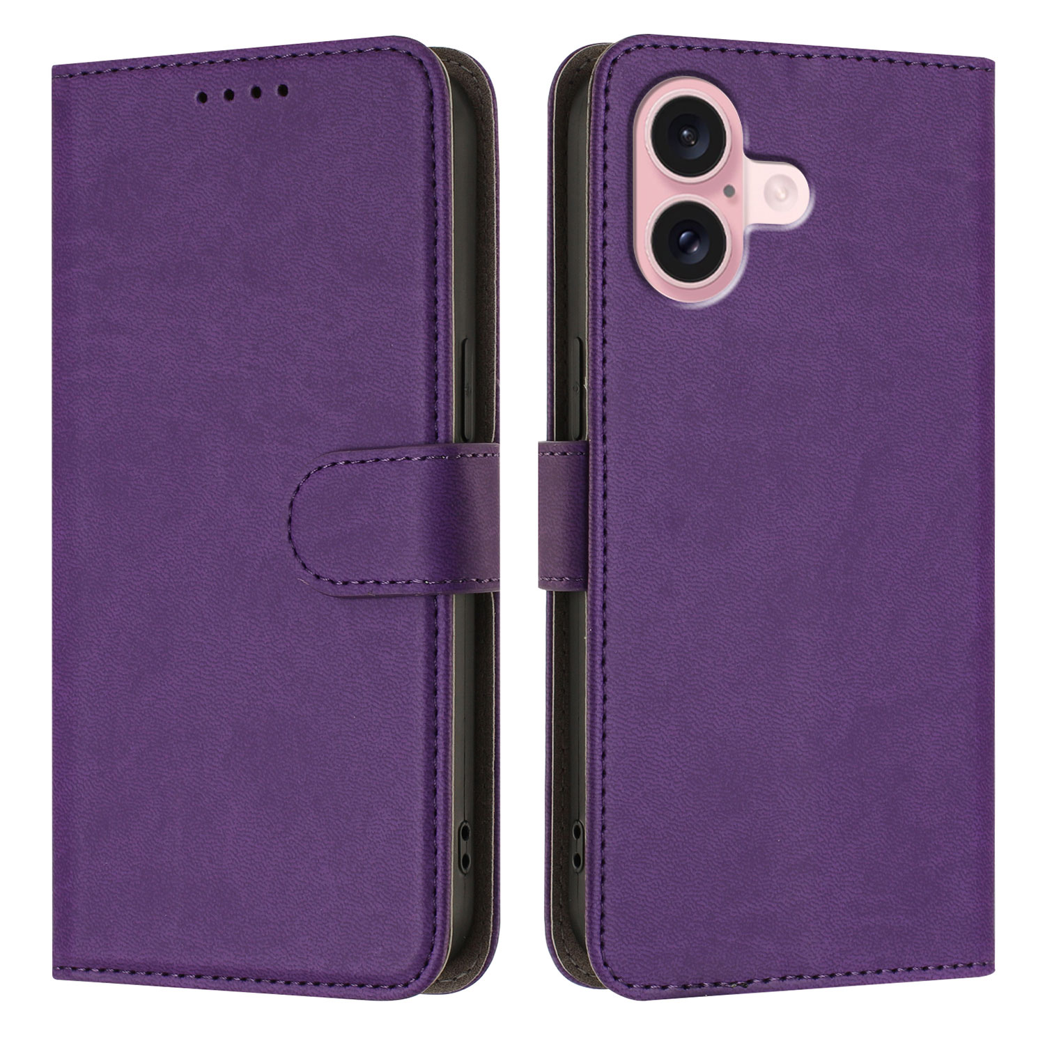 For iPhone 16 Leather Case Solid Color Phone Cover with Wallet - Dark Purple