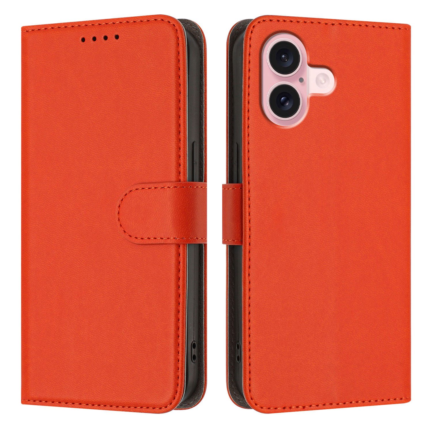 For iPhone 16 Leather Case Solid Color Phone Cover with Wallet - Orange