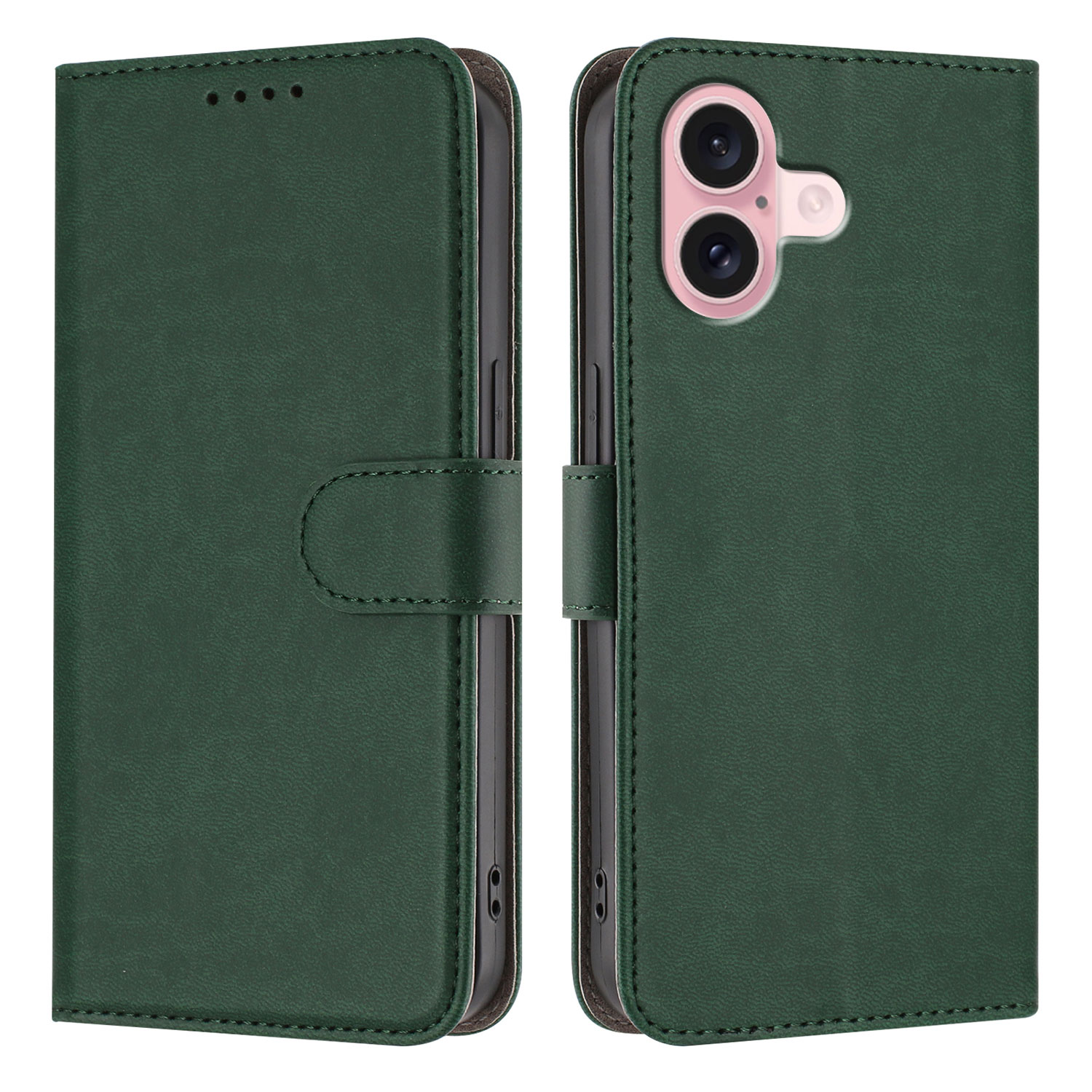 For iPhone 16 Leather Case Solid Color Phone Cover with Wallet - Blackish Green
