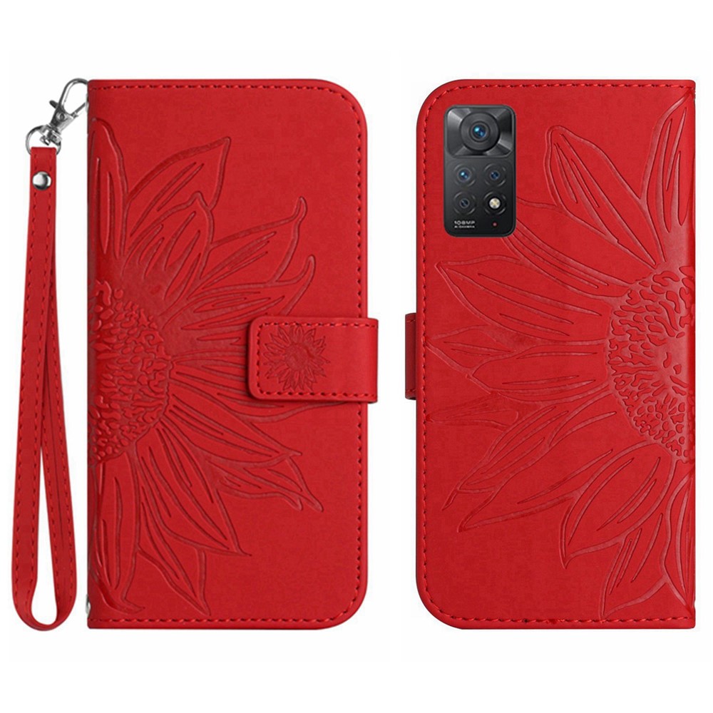 For Xiaomi Redmi Note 11 4G (Qualcomm) / Note 11S 4G HT04 Phone Case, Magnetic Clasp Skin-Touch PU Leather Imprinted Sunflower Stand Wallet Cover with Hand Strap - Red-1