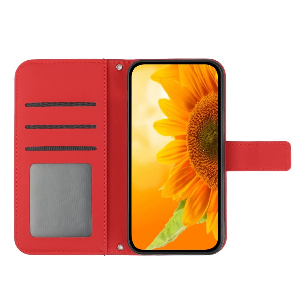 For Xiaomi Redmi Note 11 4G (Qualcomm) / Note 11S 4G HT04 Phone Case, Magnetic Clasp Skin-Touch PU Leather Imprinted Sunflower Stand Wallet Cover with Hand Strap - Red-3