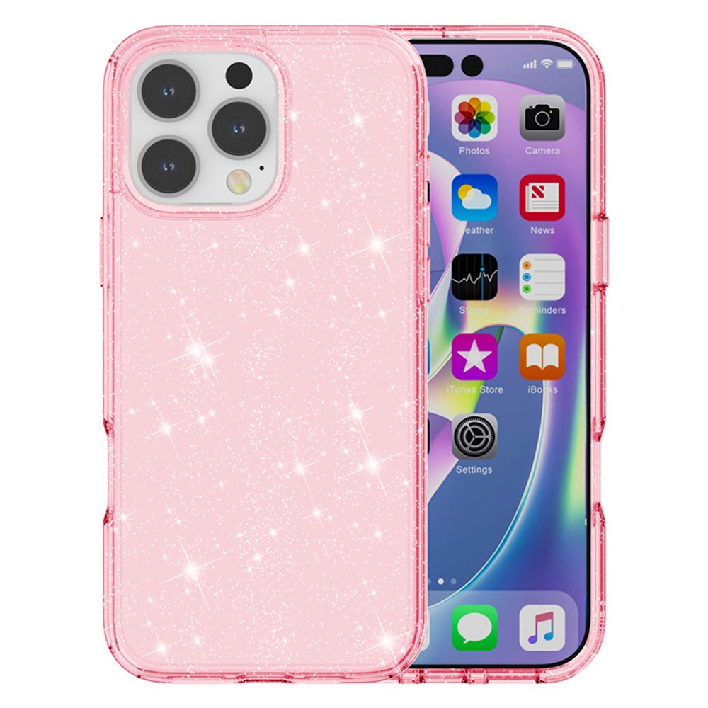 AMORUS For iPhone 16 Pro Case Soft TPU Hard PC Back Shockproof Phone Cover - Glitter Pink