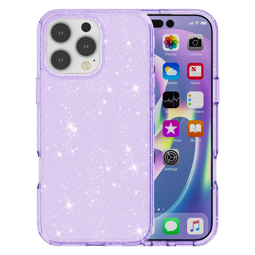 AMORUS For iPhone 16 Pro Case Soft TPU Hard PC Back Shockproof Phone Cover - Glitter Purple