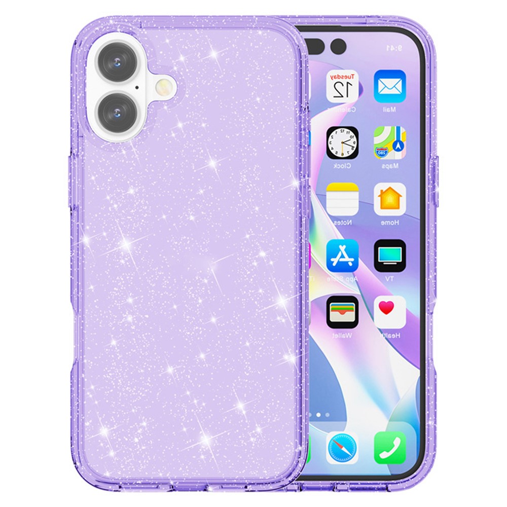 AMORUS For iPhone 16 Case Soft TPU Hard PC Back Shockproof Phone Cover - Glitter Purple