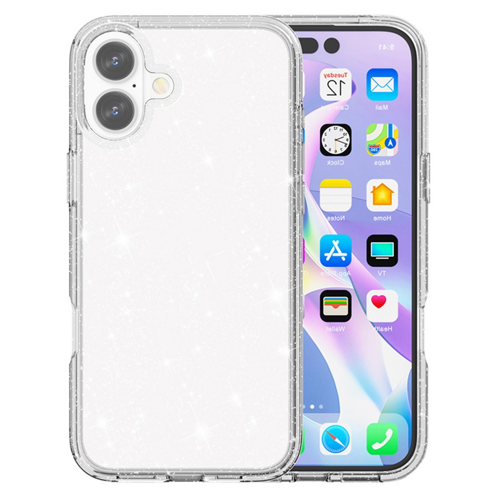 AMORUS For iPhone 16 Case Soft TPU Hard PC Back Shockproof Phone Cover - Glitter White