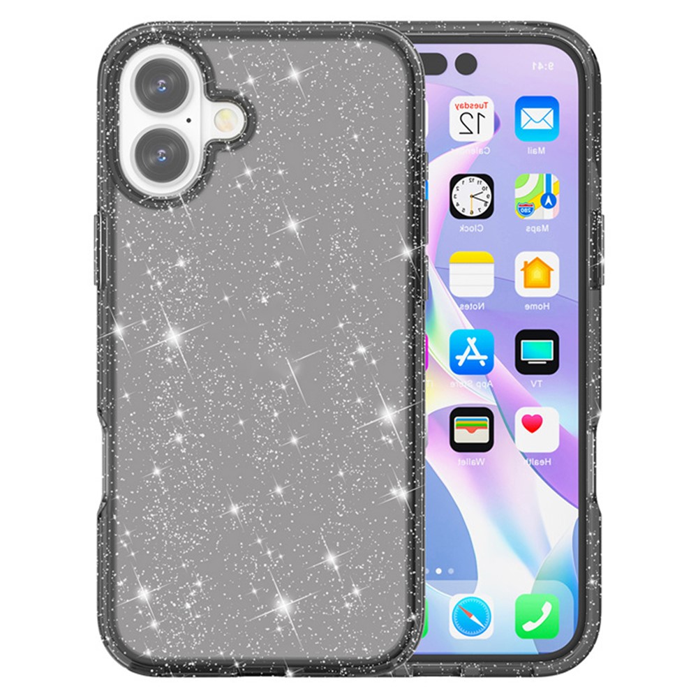 AMORUS For iPhone 16 Plus Case Soft TPU Hard PC Back Shockproof Phone Cover - Glitter Black