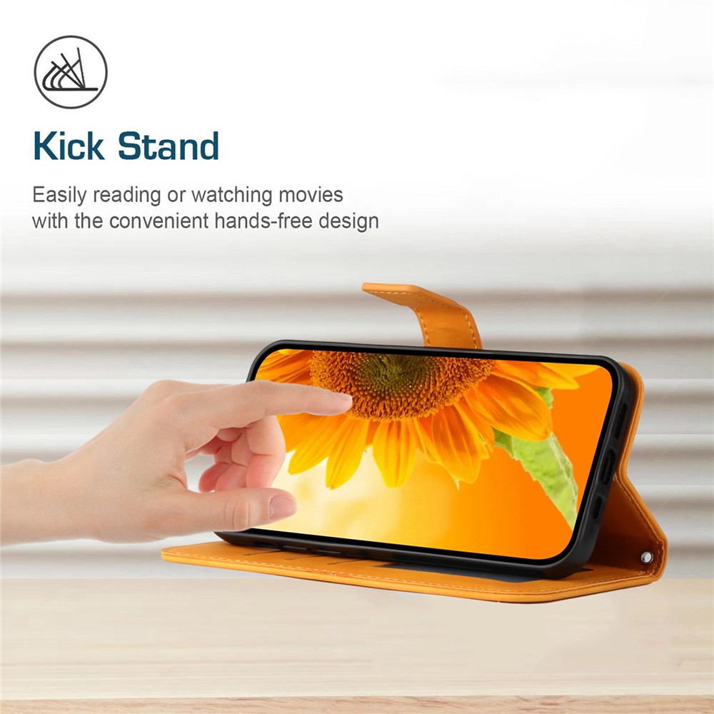 For Xiaomi Poco M5 4G / M5 5G / M4 5G HT04 Imprinted Sunflower Wallet Case Skin-Touch PU Leather Stand Phone Case with Hand Strap - Yellow-3