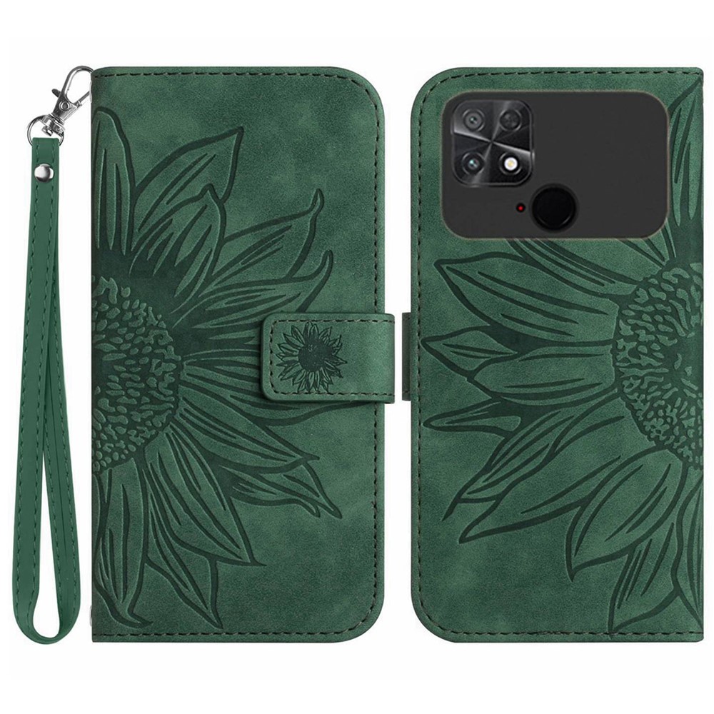 For Xiaomi Poco C40 4G HT04 Imprinted Sunflower PU Leather Flip Case Wallet Style Skin-Touch Shockproof Folio Stand Cover with Wrist Strap - Dark Green-1