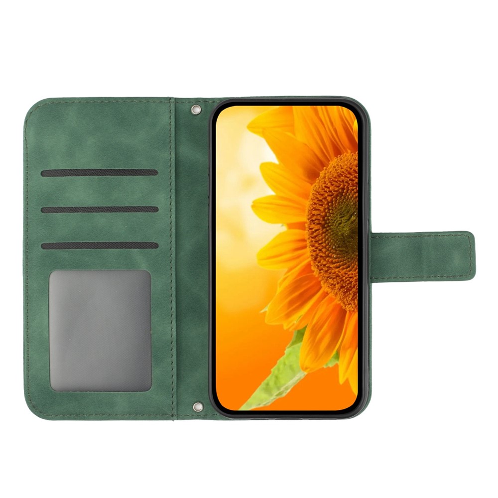 For Xiaomi Poco C40 4G HT04 Imprinted Sunflower PU Leather Flip Case Wallet Style Skin-Touch Shockproof Folio Stand Cover with Wrist Strap - Dark Green-2