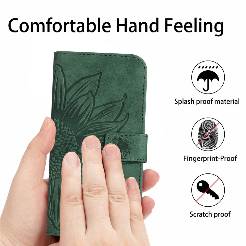 For Xiaomi Poco C40 4G HT04 Imprinted Sunflower PU Leather Flip Case Wallet Style Skin-Touch Shockproof Folio Stand Cover with Wrist Strap - Dark Green-4
