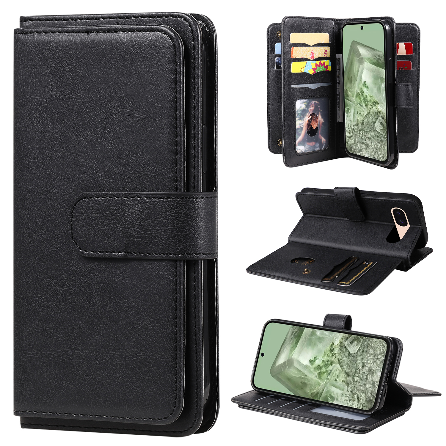 For Google Pixel 8a Leather Case with 10 Card Holder Phone Cover Stand - Black