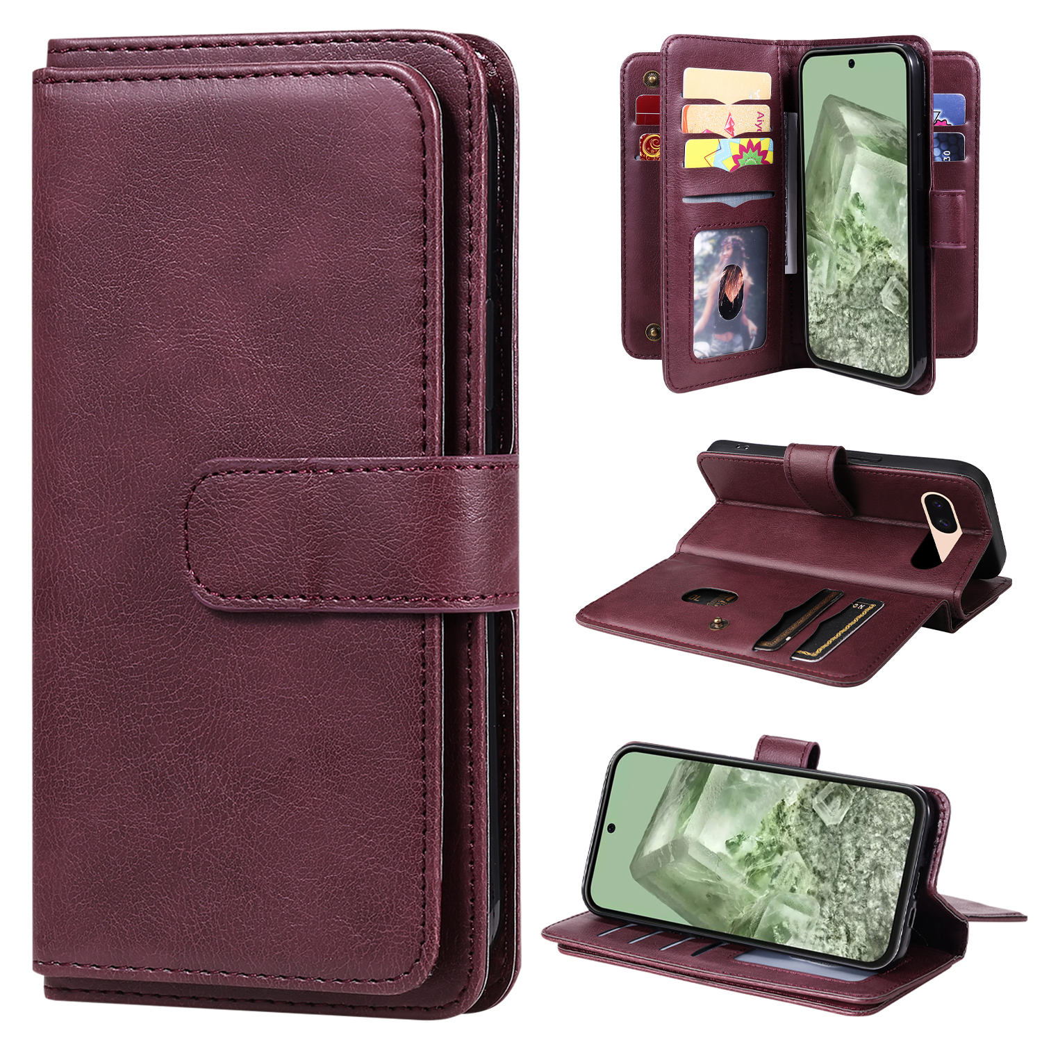 For Google Pixel 8a Leather Case with 10 Card Holder Phone Cover Stand - Wine Red