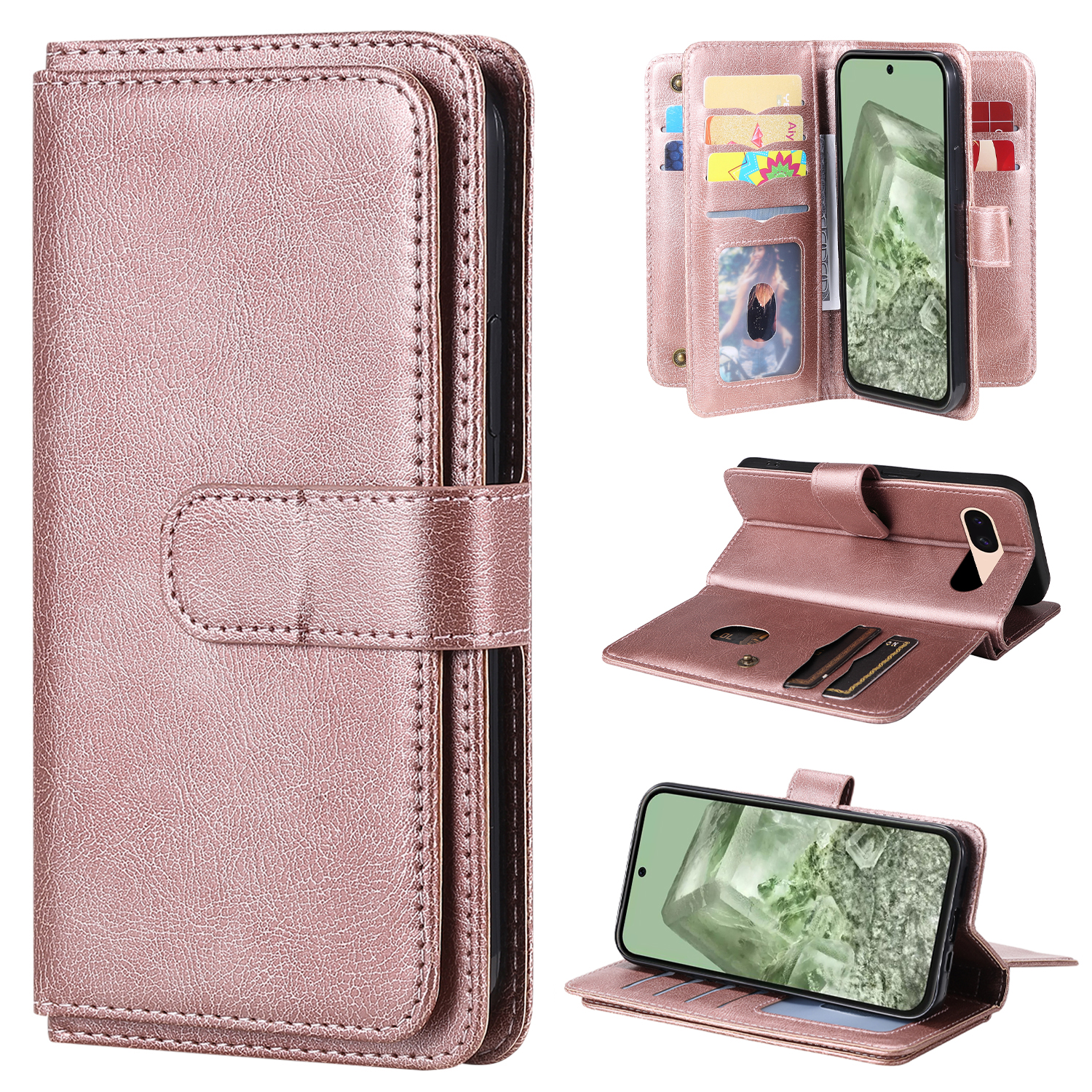 For Google Pixel 8a Leather Case with 10 Card Holder Phone Cover Stand - Rose Gold