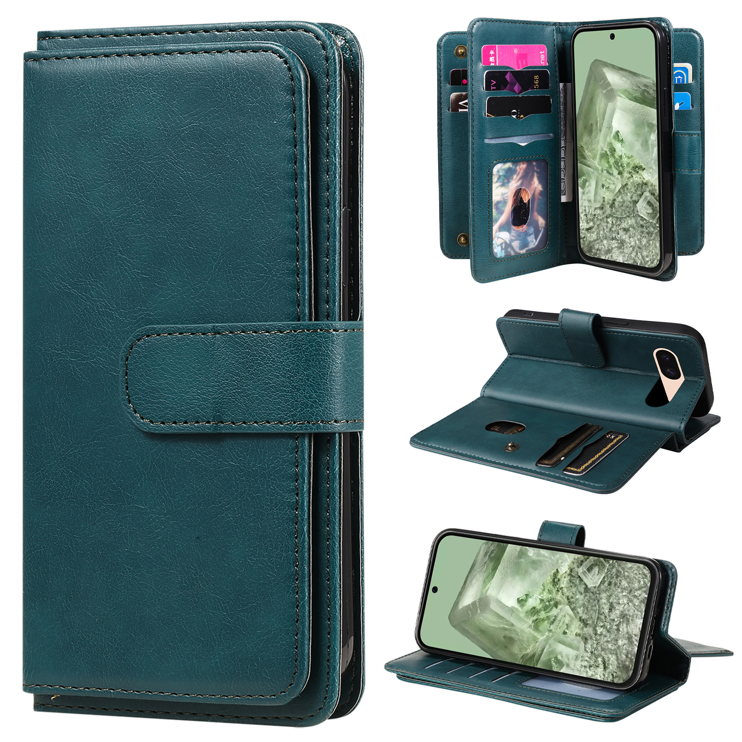 For Google Pixel 8a Leather Case with 10 Card Holder Phone Cover Stand - Green