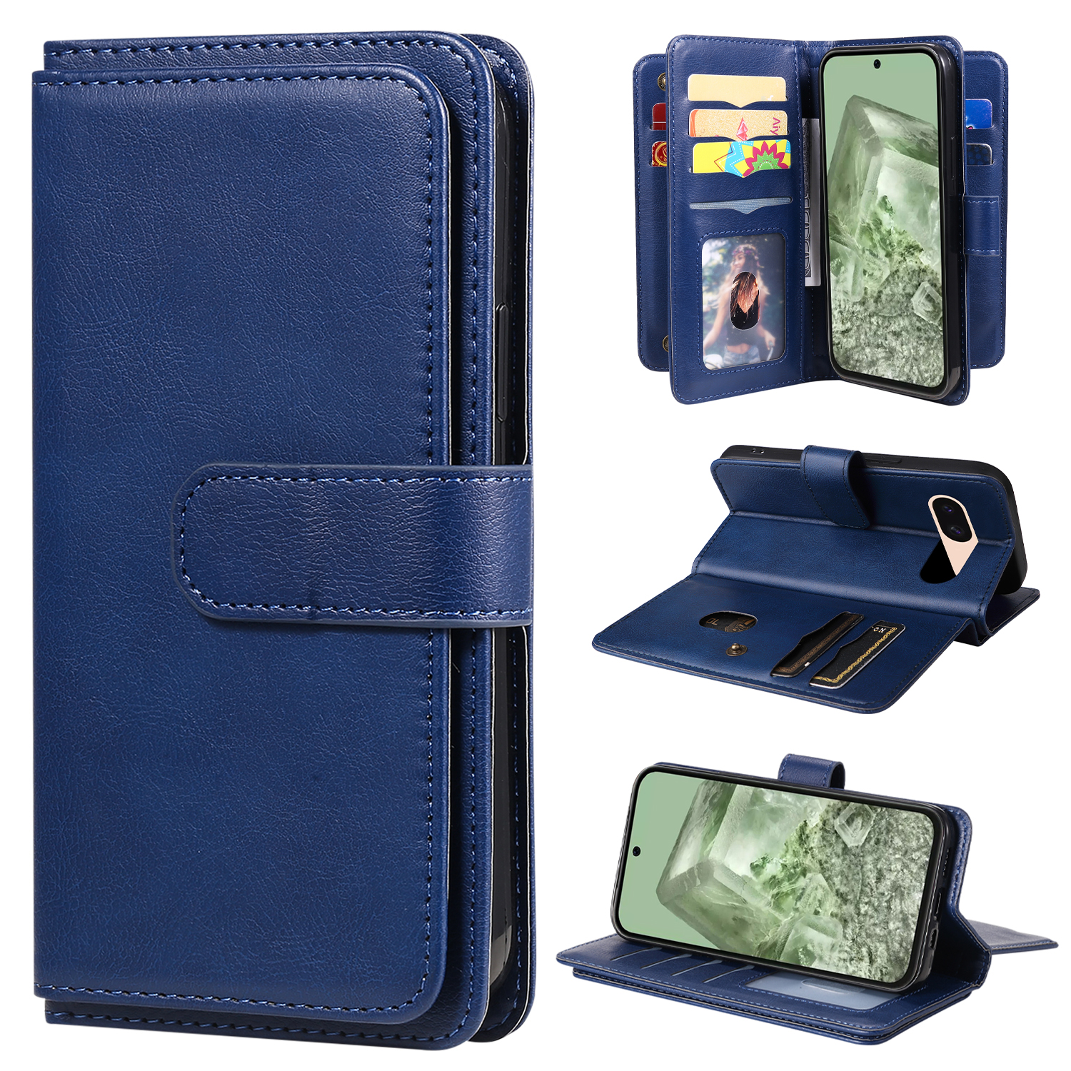 For Google Pixel 8a Leather Case with 10 Card Holder Phone Cover Stand - Blue