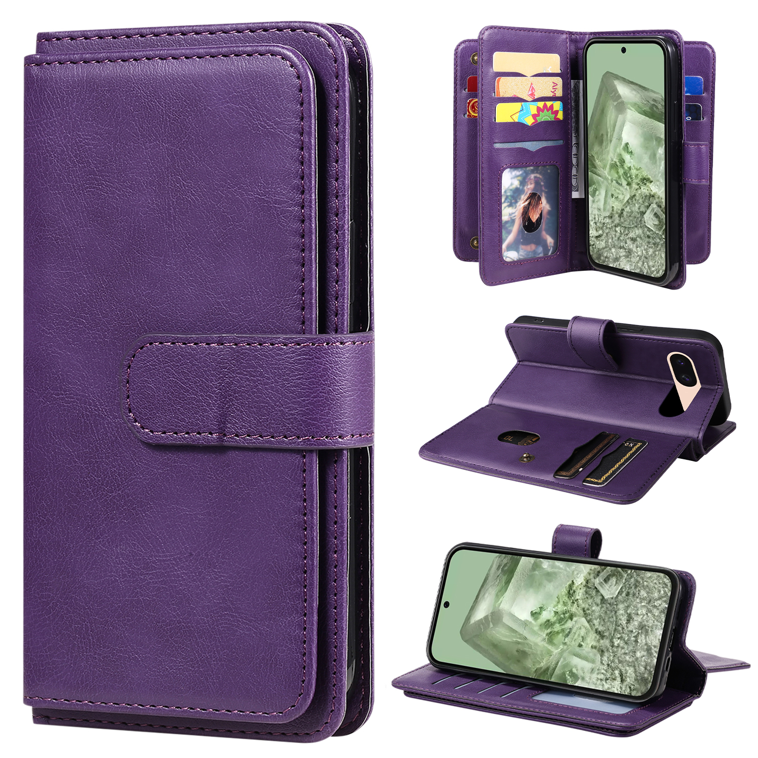 For Google Pixel 8a Leather Case with 10 Card Holder Phone Cover Stand - Purple