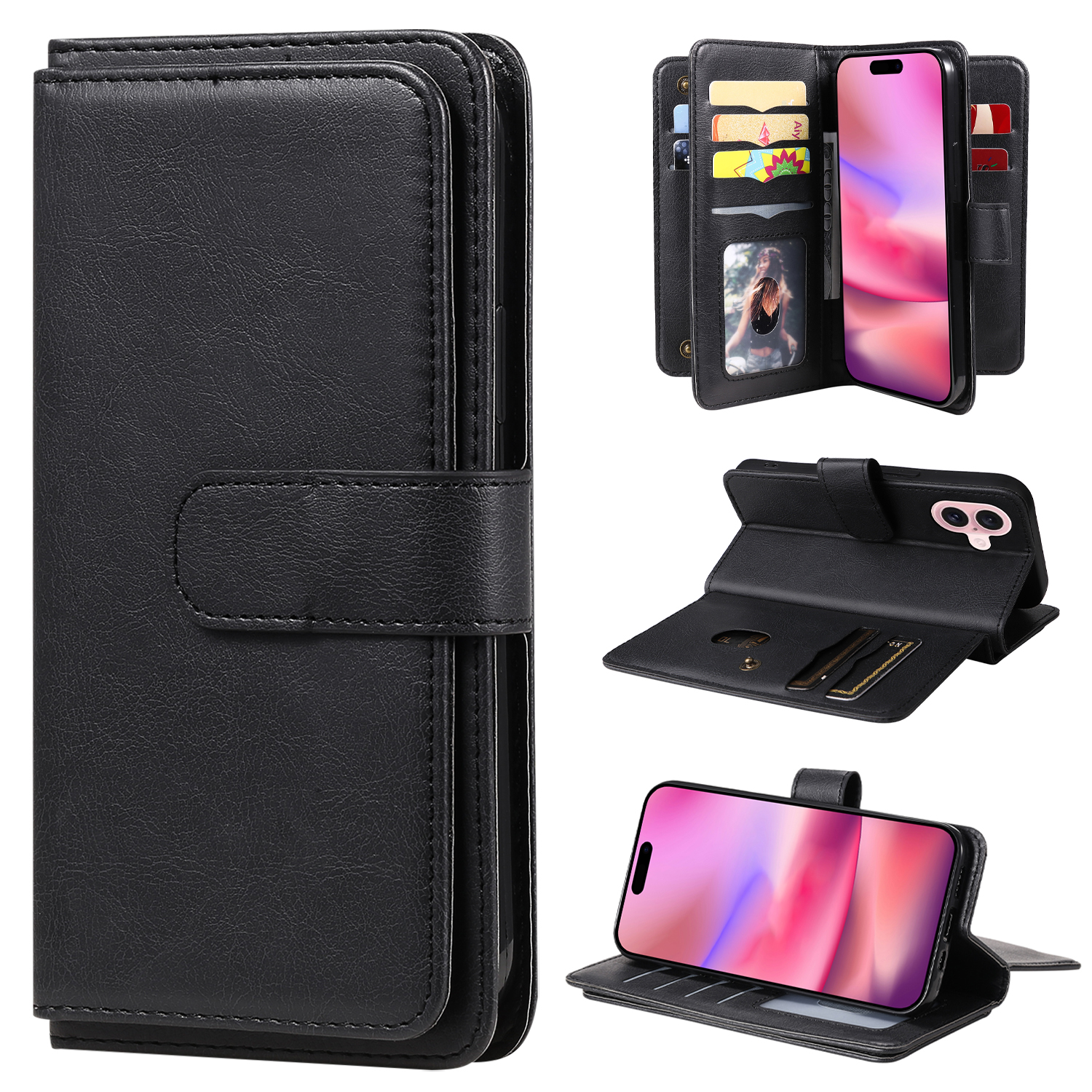 For iPhone 16 Leather Case with 10 Card Holder Phone Cover Stand - Black