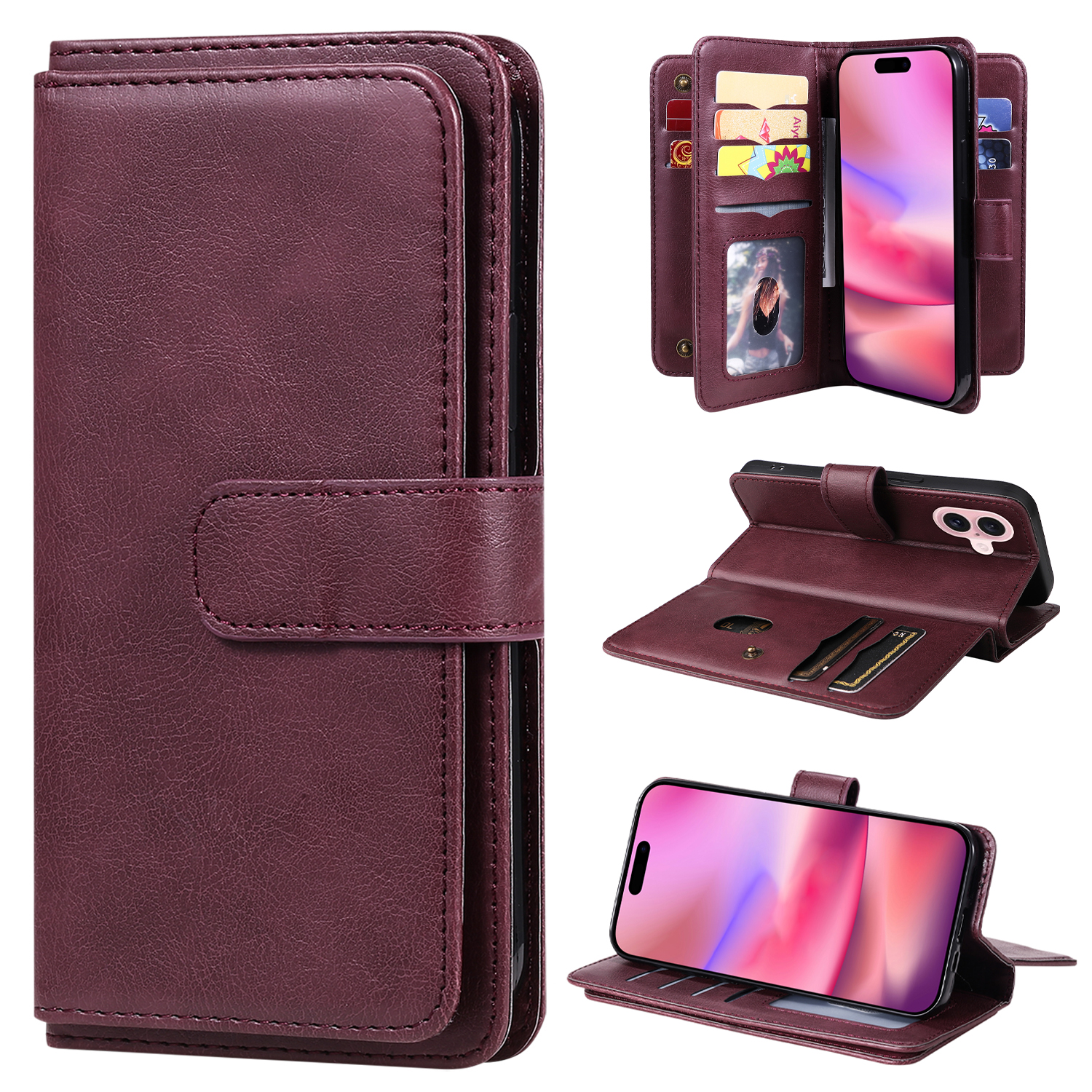 For iPhone 16 Leather Case with 10 Card Holder Phone Cover Stand - Wine Red