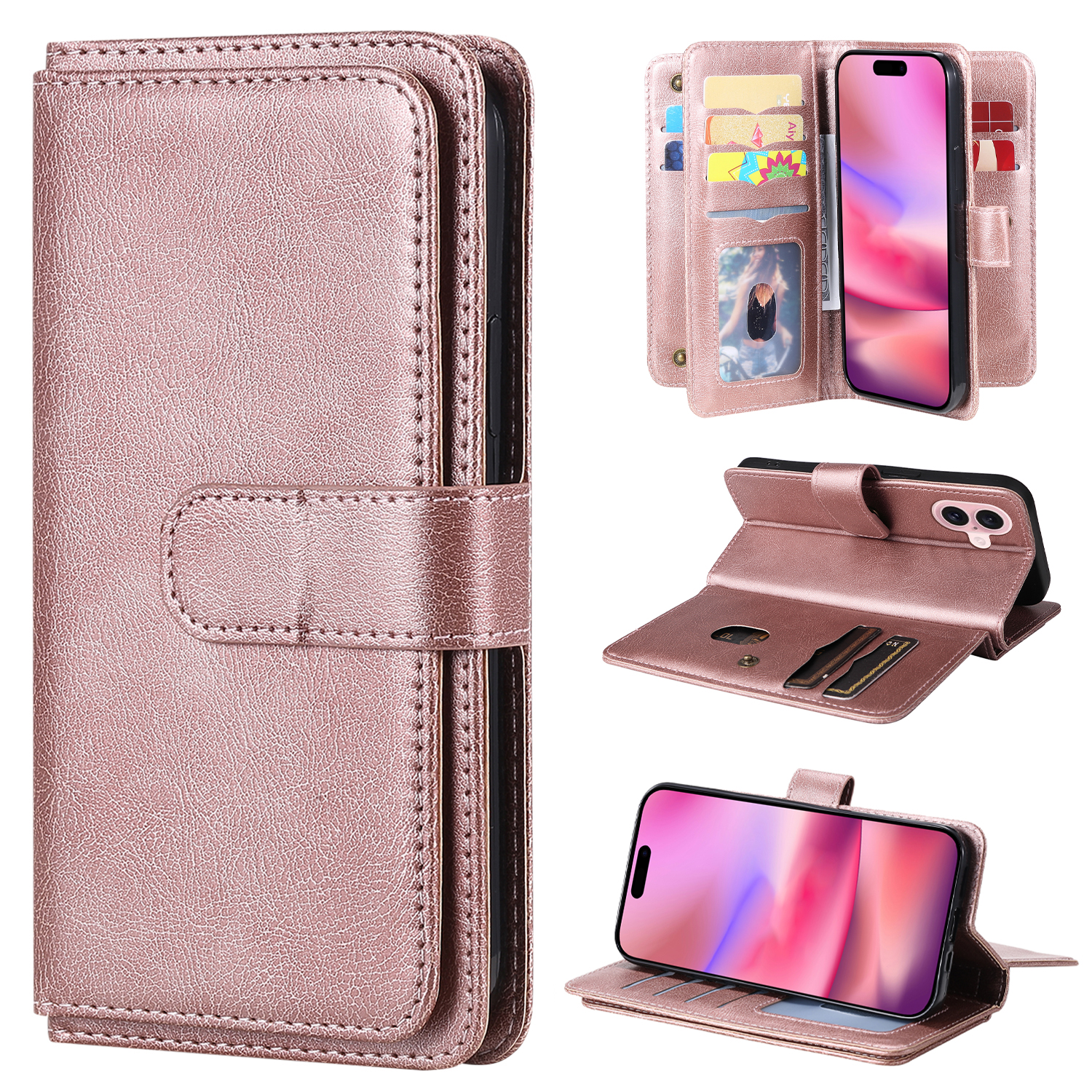For iPhone 16 Leather Case with 10 Card Holder Phone Cover Stand - Rose Gold