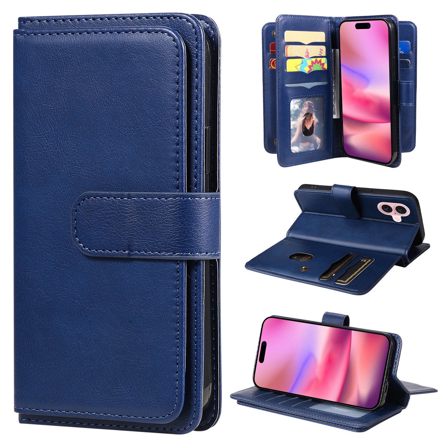 For iPhone 16 Leather Case with 10 Card Holder Phone Cover Stand - Blue