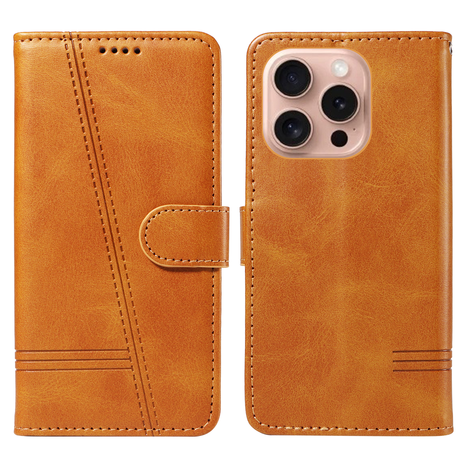 For iPhone 16 Pro Wallet Case T-Shape Lines Leather Phone Cover Stand - Brown