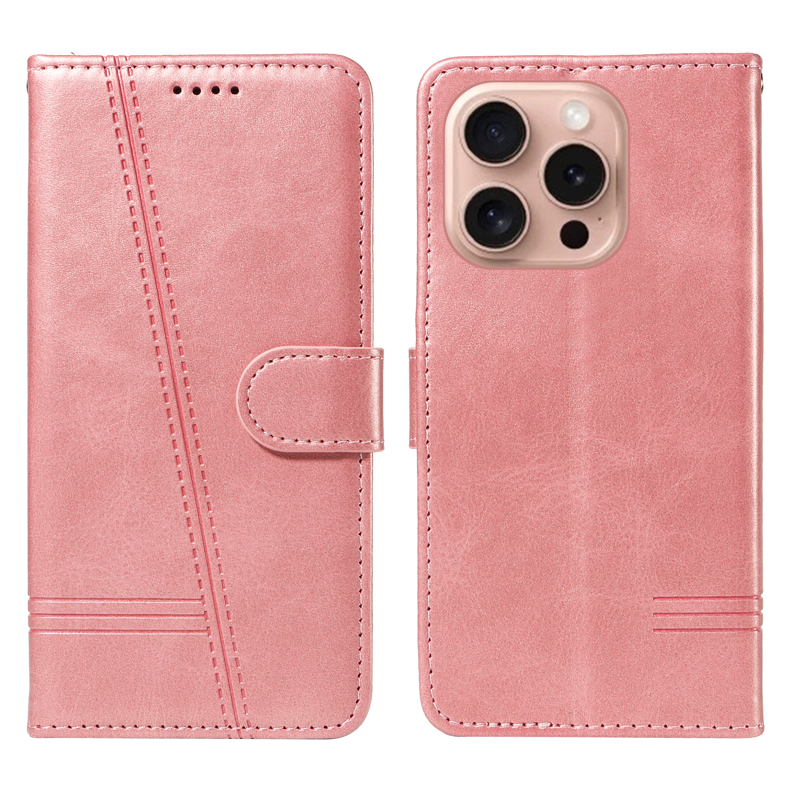For iPhone 16 Pro Wallet Case T-Shape Lines Leather Phone Cover Stand - Rose Gold