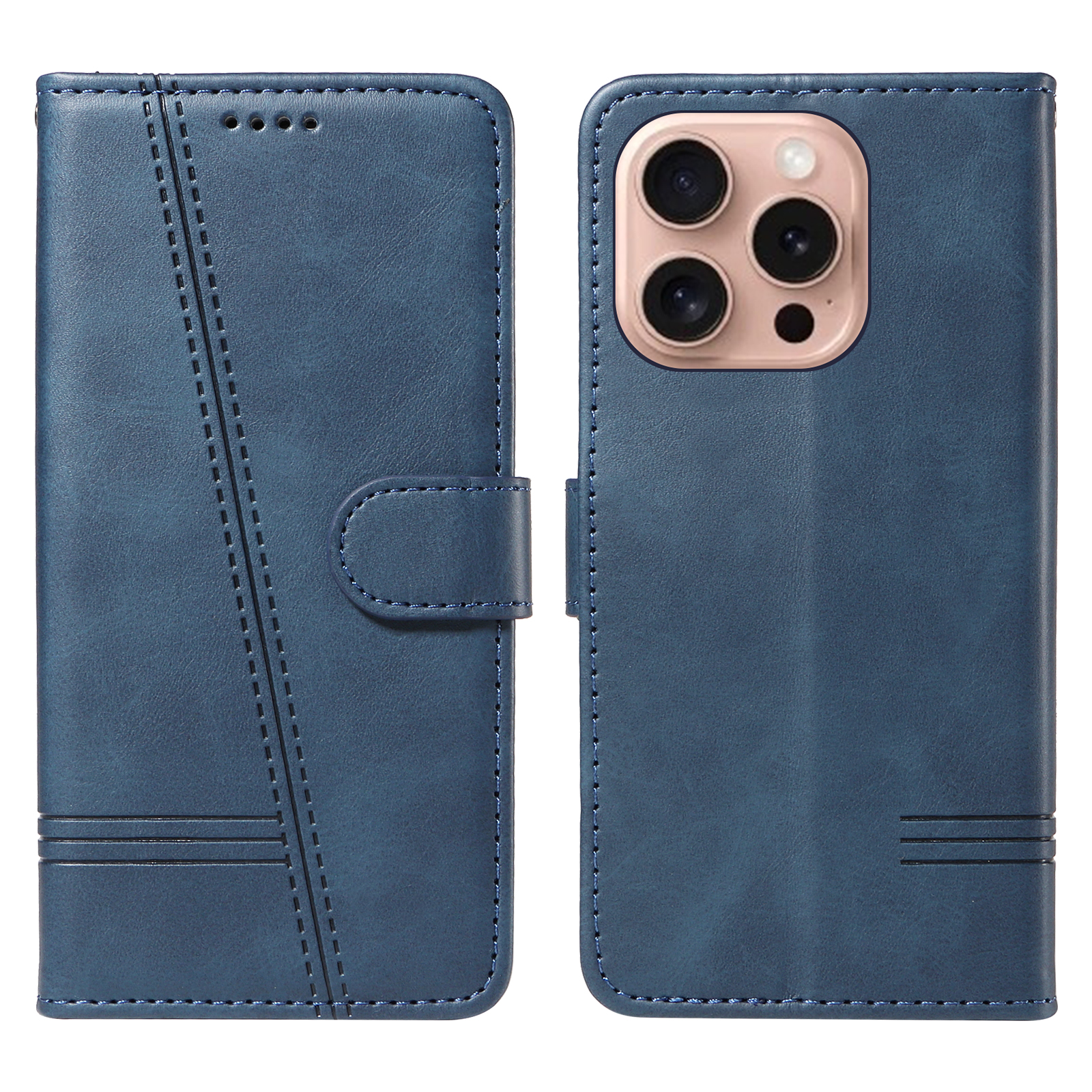 For iPhone 16 Pro Wallet Case T-Shape Lines Leather Phone Cover Stand - Blue