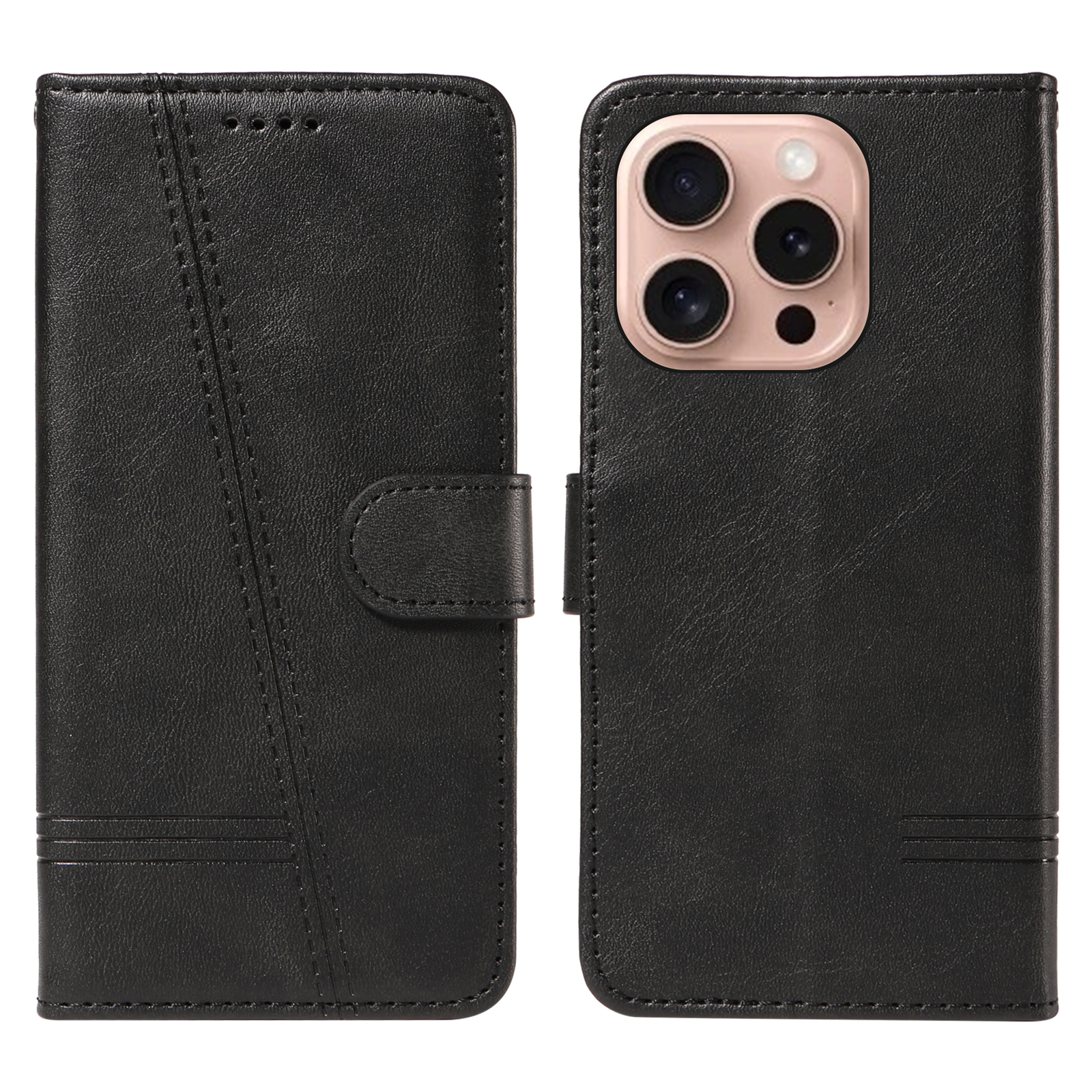 For iPhone 16 Pro Wallet Case T-Shape Lines Leather Phone Cover Stand - Black