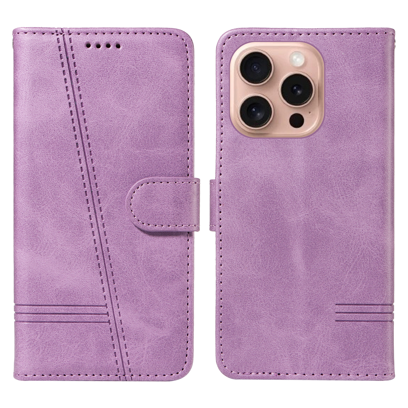 For iPhone 16 Pro Wallet Case T-Shape Lines Leather Phone Cover Stand - Light Purple