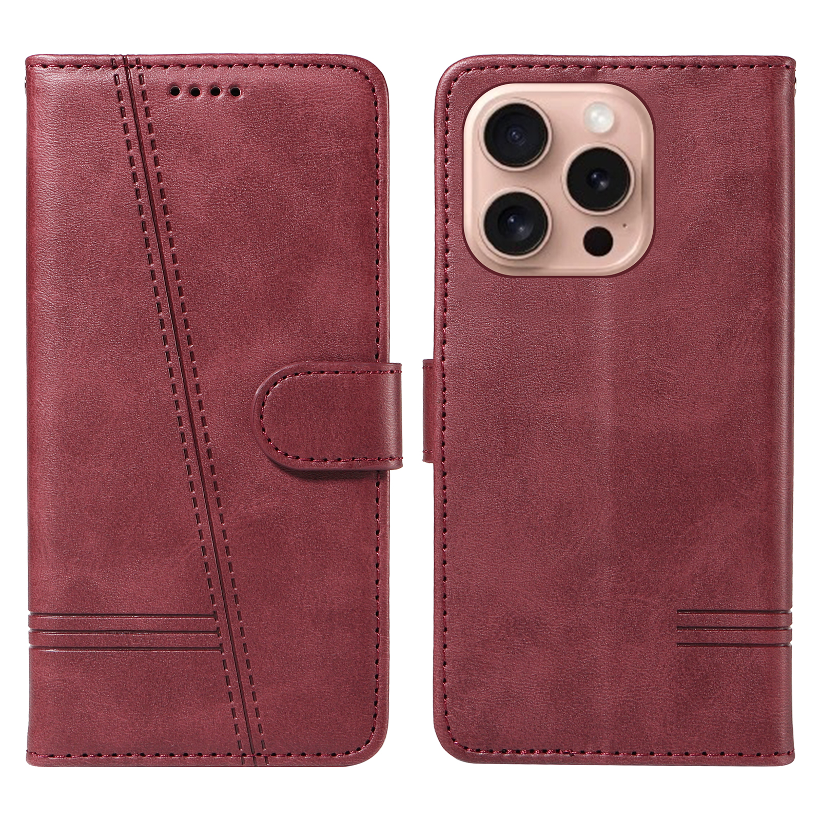For iPhone 16 Pro Wallet Case T-Shape Lines Leather Phone Cover Stand - Wine Red