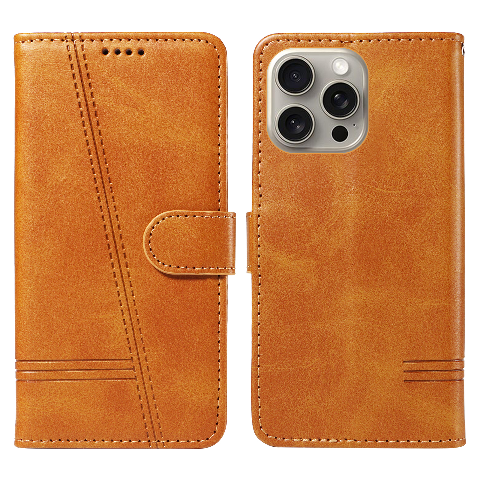 For iPhone 15 Pro Max Wallet Case T-Shape Lines Leather Phone Cover Stand - Brown