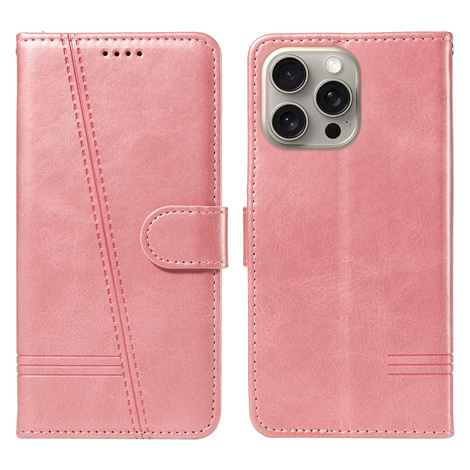 For iPhone 15 Pro Max Wallet Case T-Shape Lines Leather Phone Cover Stand - Rose Gold