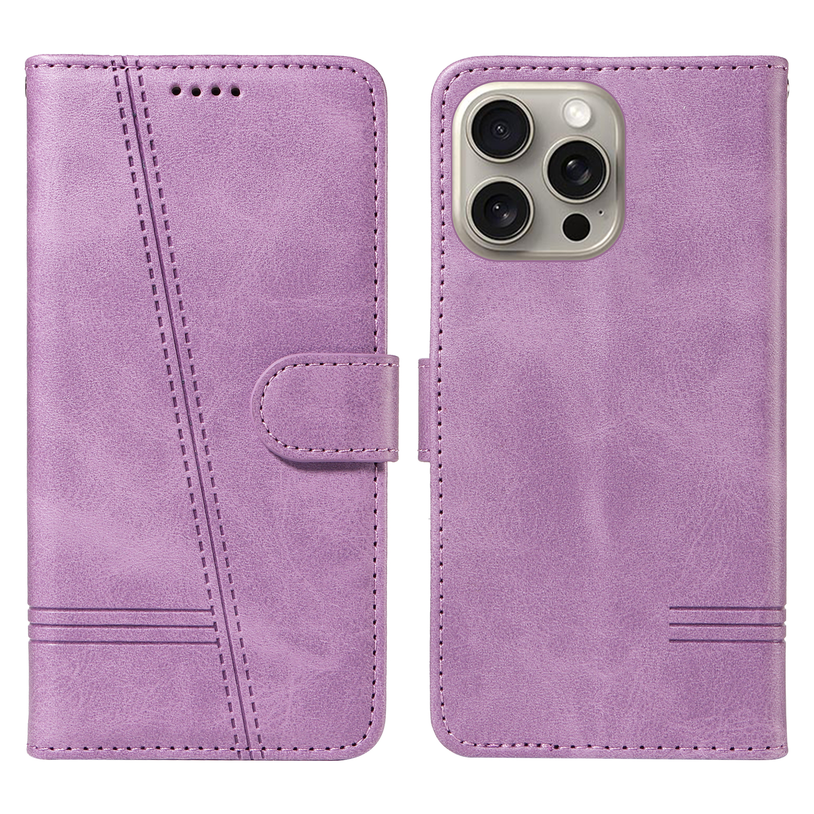 For iPhone 15 Pro Max Wallet Case T-Shape Lines Leather Phone Cover Stand -  Light Purple