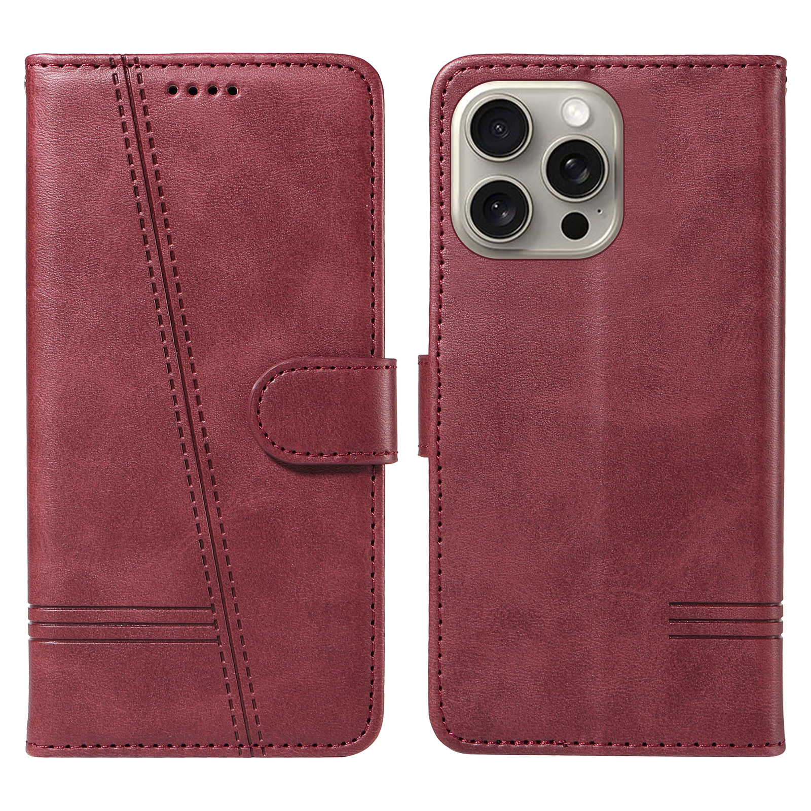 For iPhone 15 Pro Max Wallet Case T-Shape Lines Leather Phone Cover Stand - Wine Red