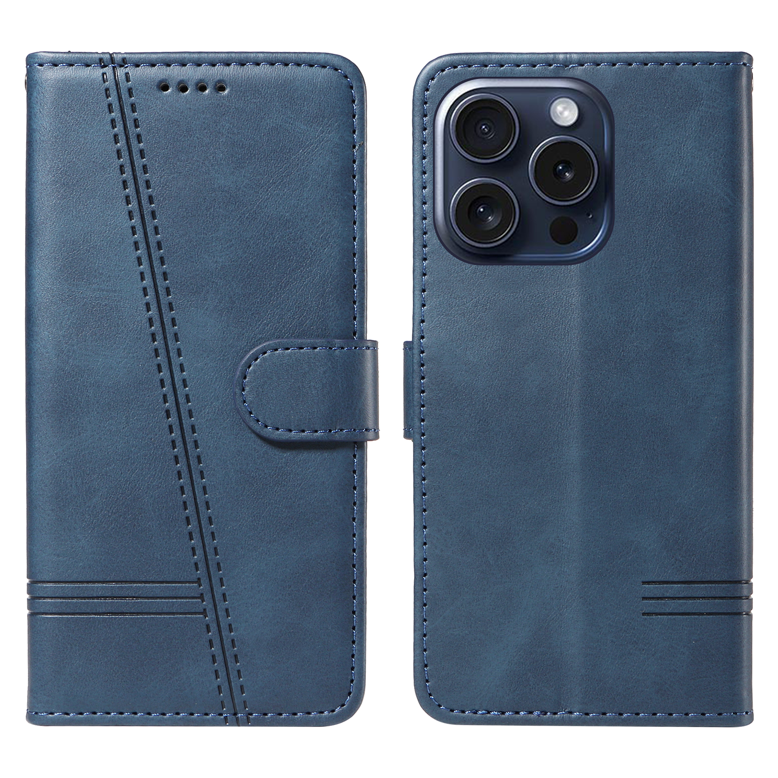 For iPhone 15 Pro Wallet Case T-Shape Lines Leather Phone Cover Stand - Blue