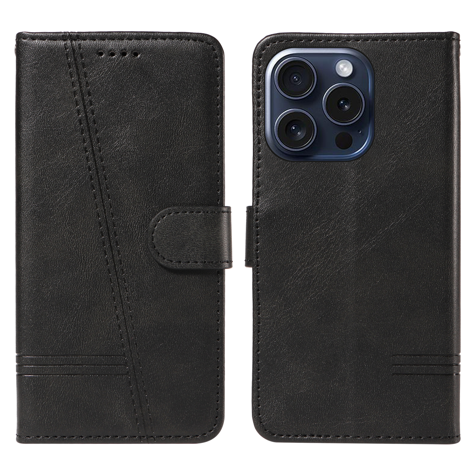 For iPhone 15 Pro Wallet Case T-Shape Lines Leather Phone Cover Stand - Black