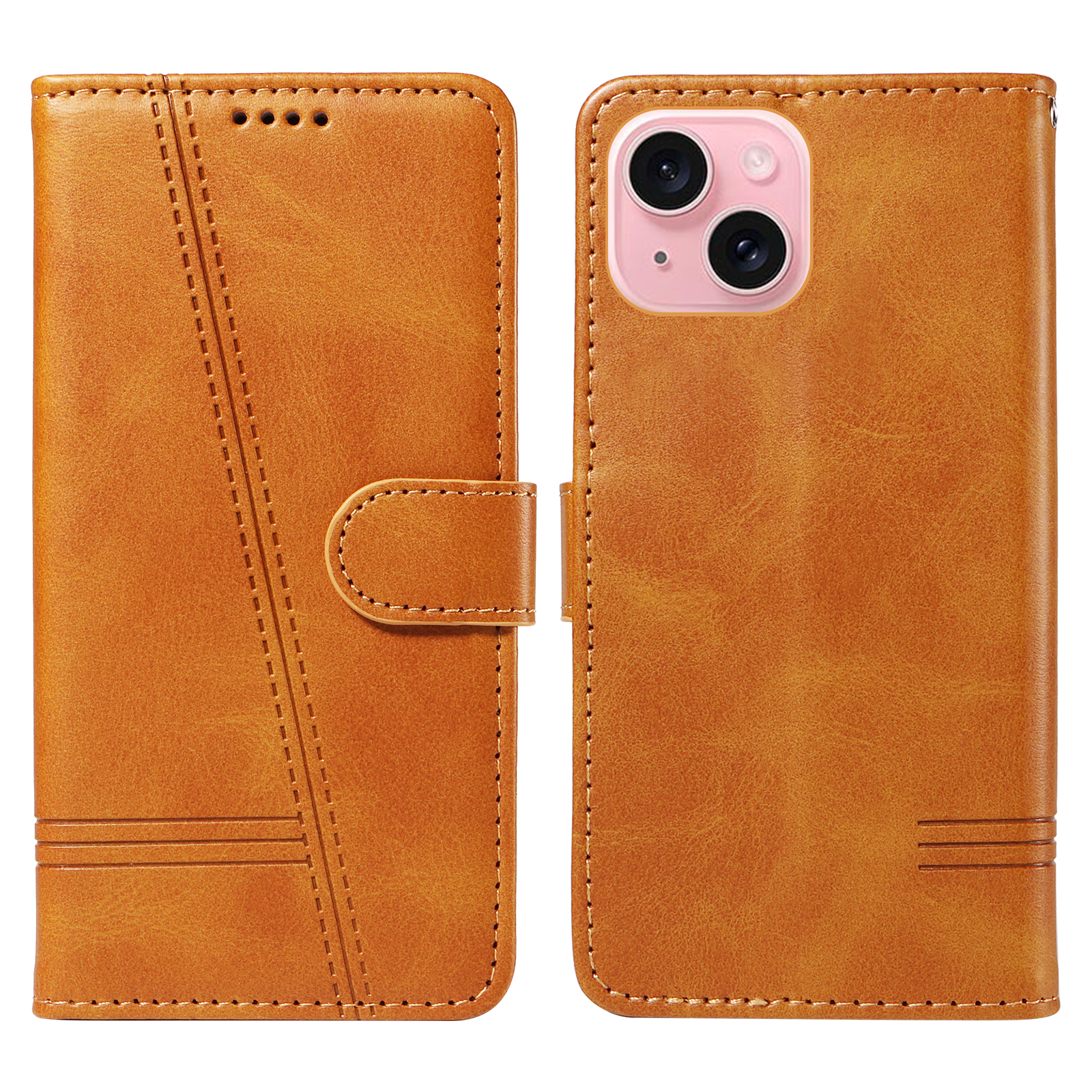 For iPhone 15 Wallet Case T-Shape Lines Leather Phone Cover Stand - Brown