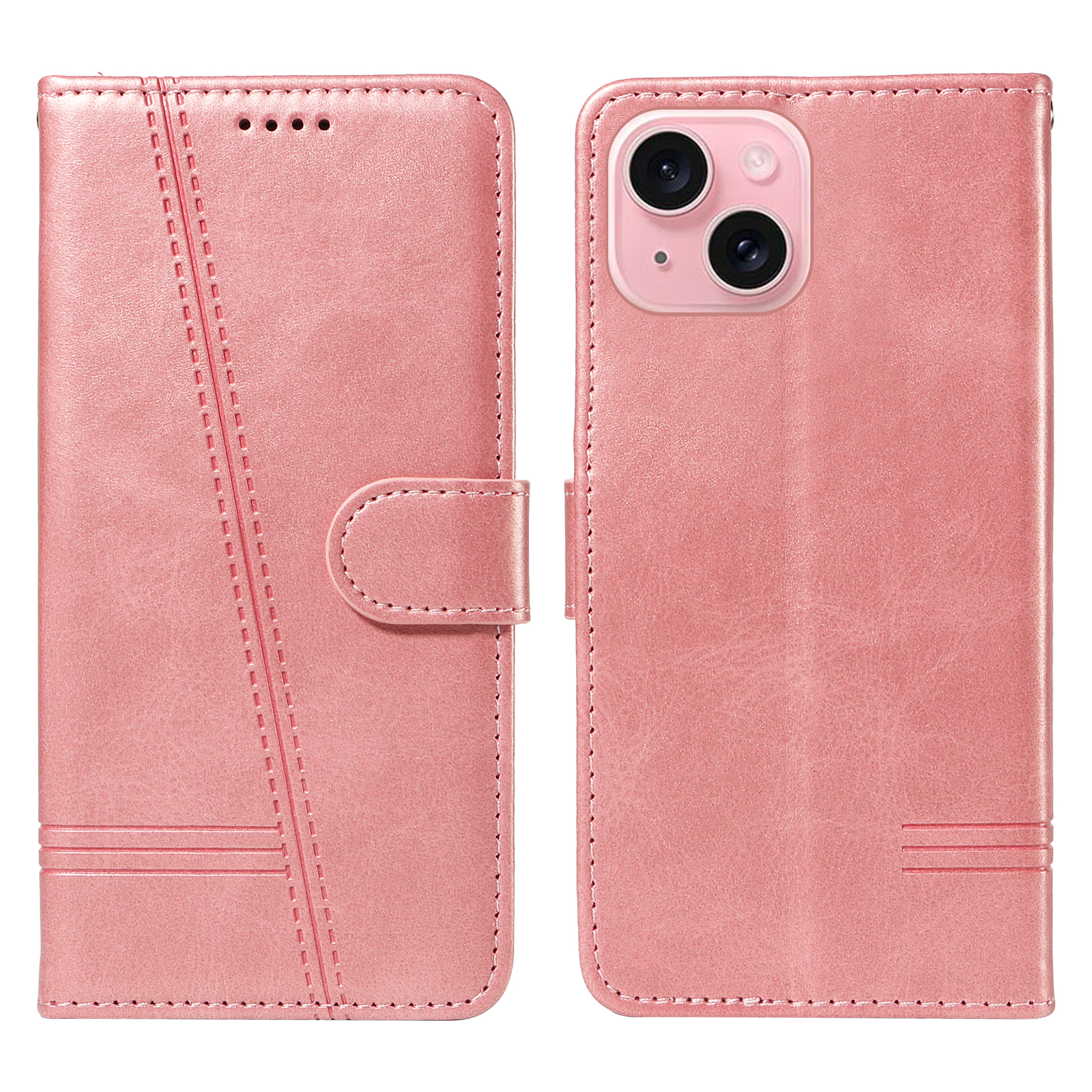 For iPhone 15 Wallet Case T-Shape Lines Leather Phone Cover Stand - Rose Gold