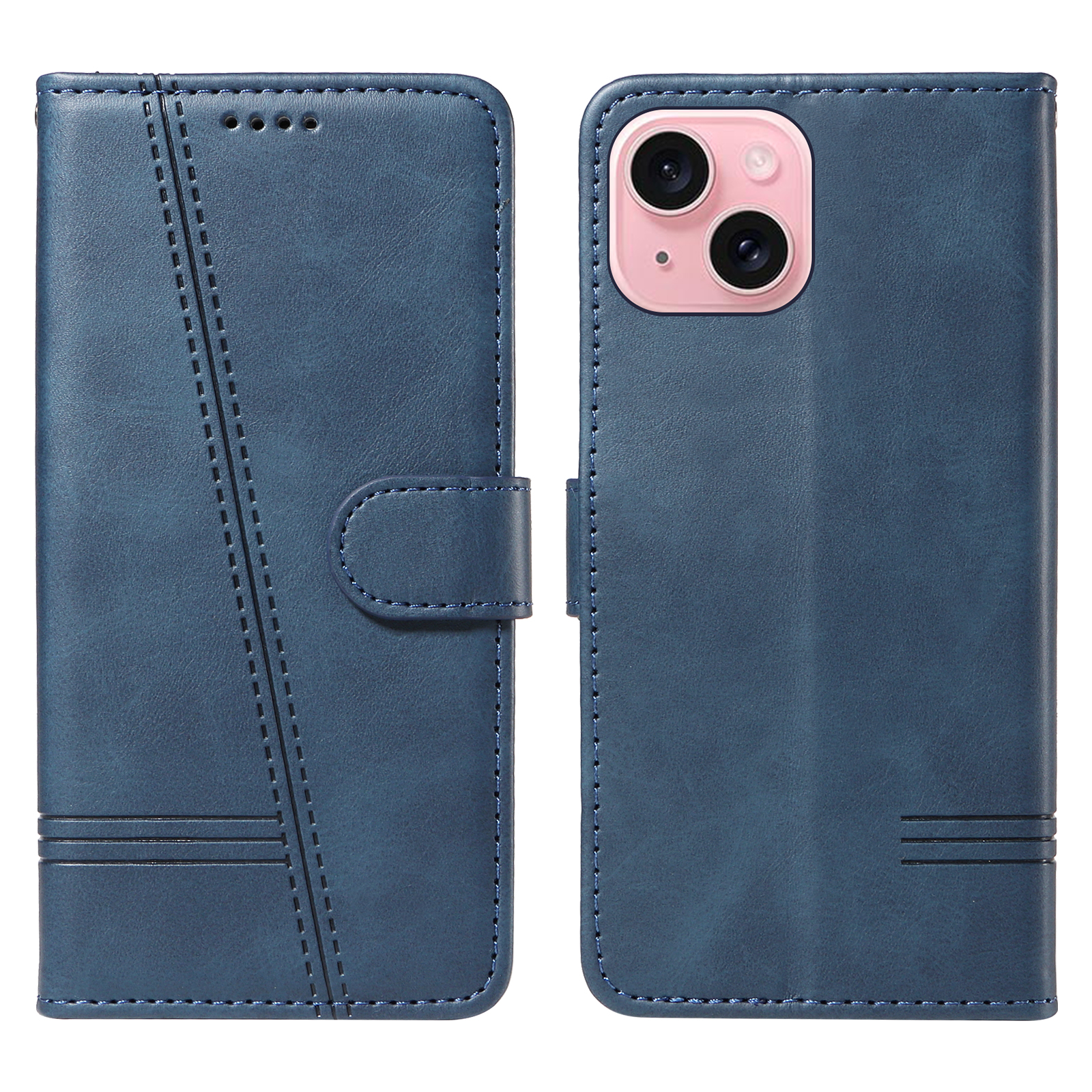 For iPhone 15 Wallet Case T-Shape Lines Leather Phone Cover Stand - Blue