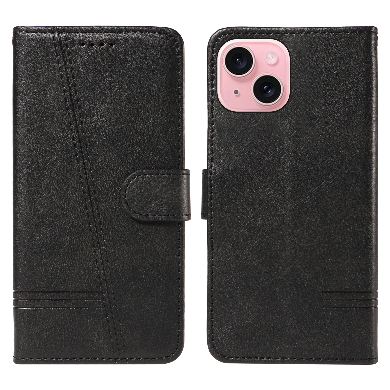For iPhone 15 Wallet Case T-Shape Lines Leather Phone Cover Stand - Black