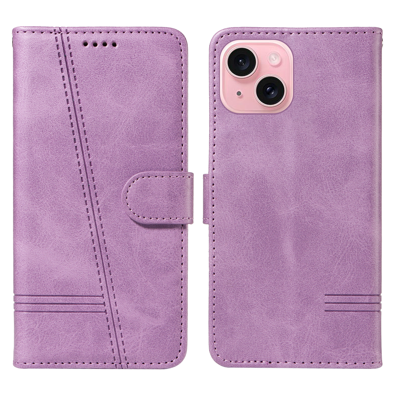 For iPhone 15 Wallet Case T-Shape Lines Leather Phone Cover Stand - Light Purple